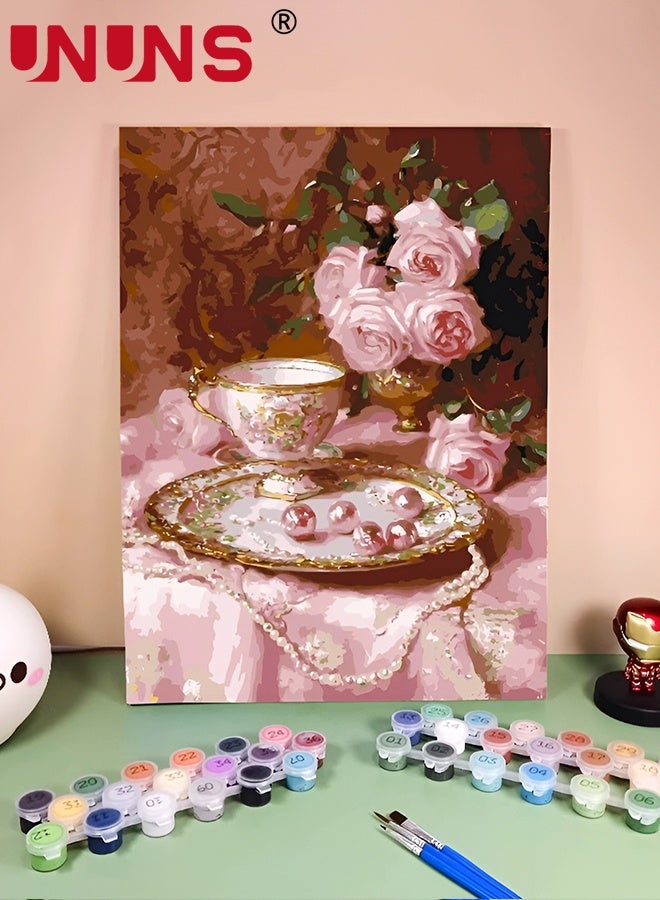 UNUNS DIY Paint by Numbers for Beginners,Pink Rose Afternoon Tea Paint by Numbers With Framed,DIY Painting Roses Acrylic Paint by Numbers Painting Kit Home Wall Living Room Bedroom Decoration Pink Pearl,40x50CM - Image 1